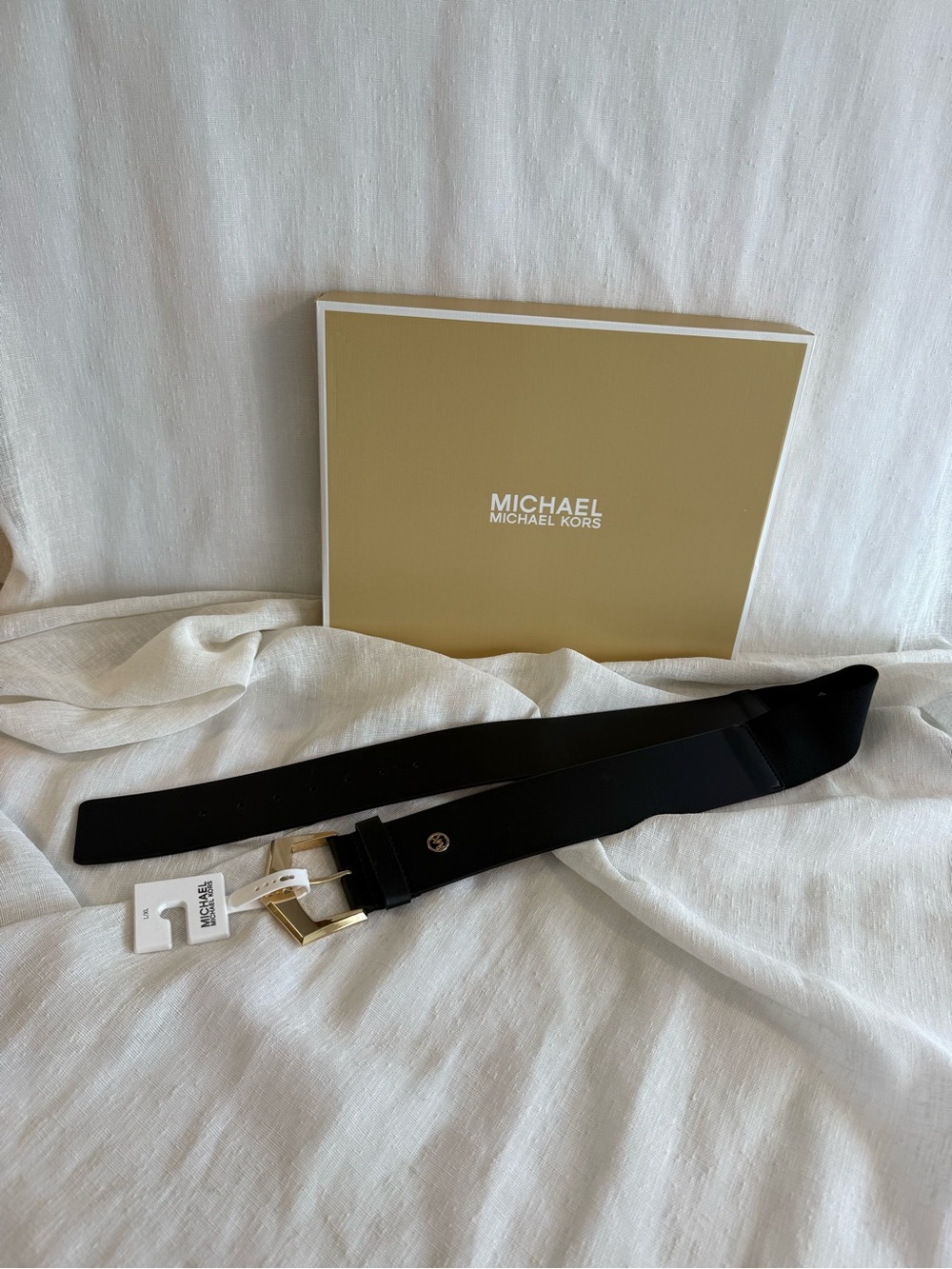 Michael Kors Black Leather Belt with Gold-Tone Buckle